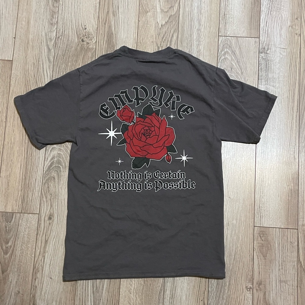 “Nothing Is Certain, Anything Is Possible” Rose Graphic Tee – Charcoal Gray
